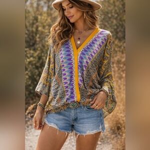 Mirror Image Bohemian V-Neck Blouse Elastic Hem Bell Sleeve Sz S #1086